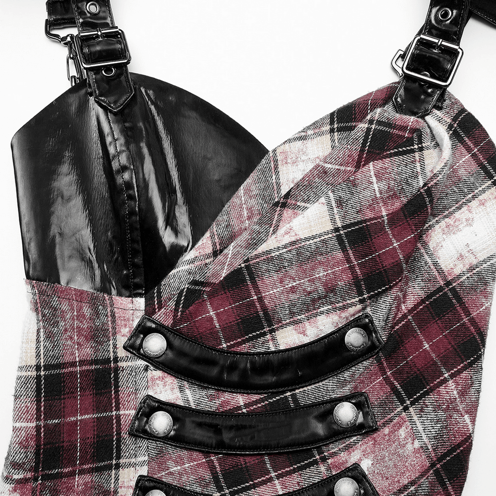 Irregular Hem Plaid Dress Adjustable Leather Straps - image 9