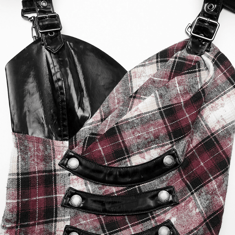 Irregular Hem Plaid Dress Adjustable Leather Straps - image 9