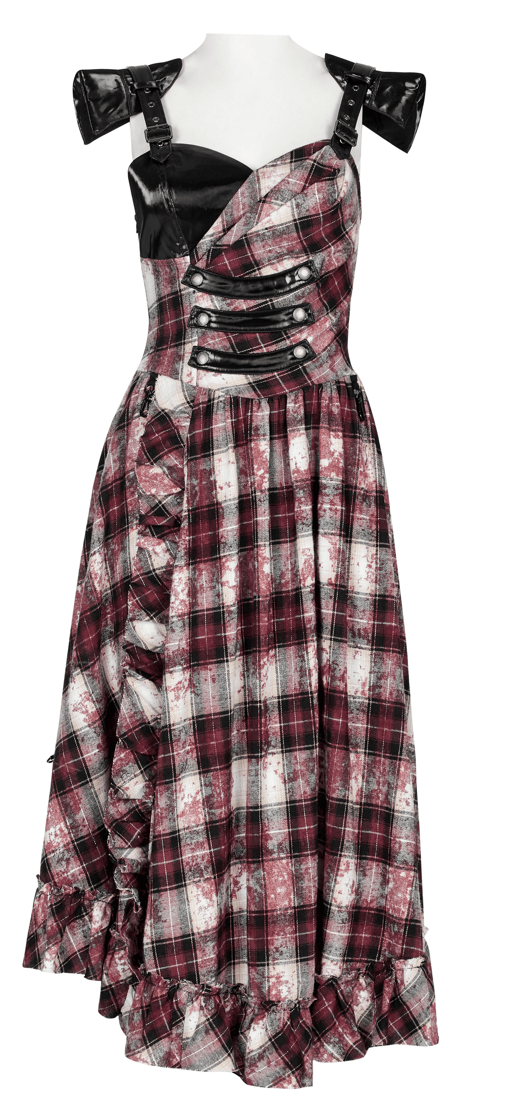 Irregular Hem Plaid Dress Adjustable Leather Straps - image 4