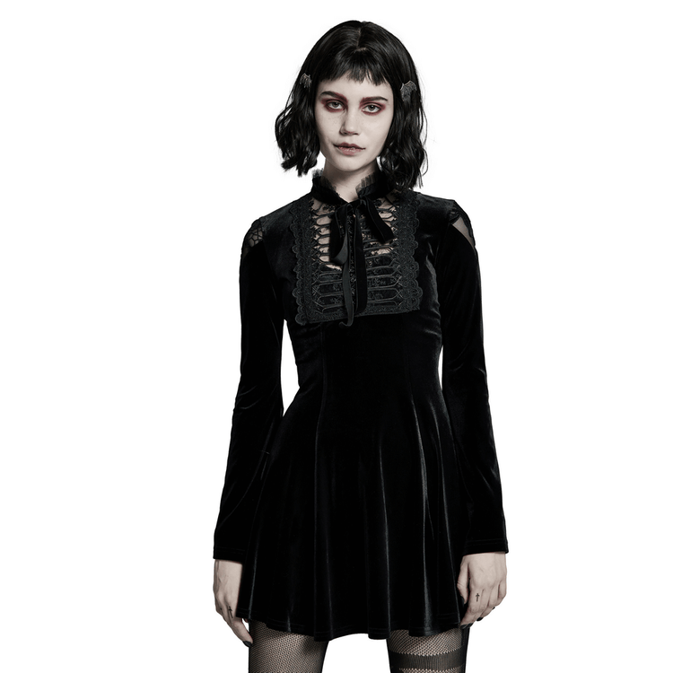 Lace Collar Velvet Gothic Women's Flare Dress - image 1