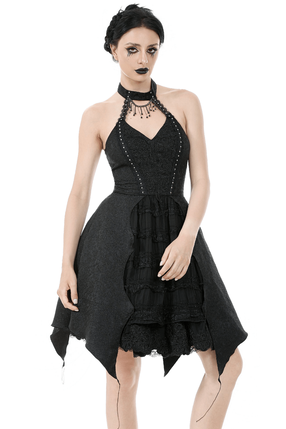 Lace Halter Corset Dress with Choker and Asymmetrical Hem - image 1