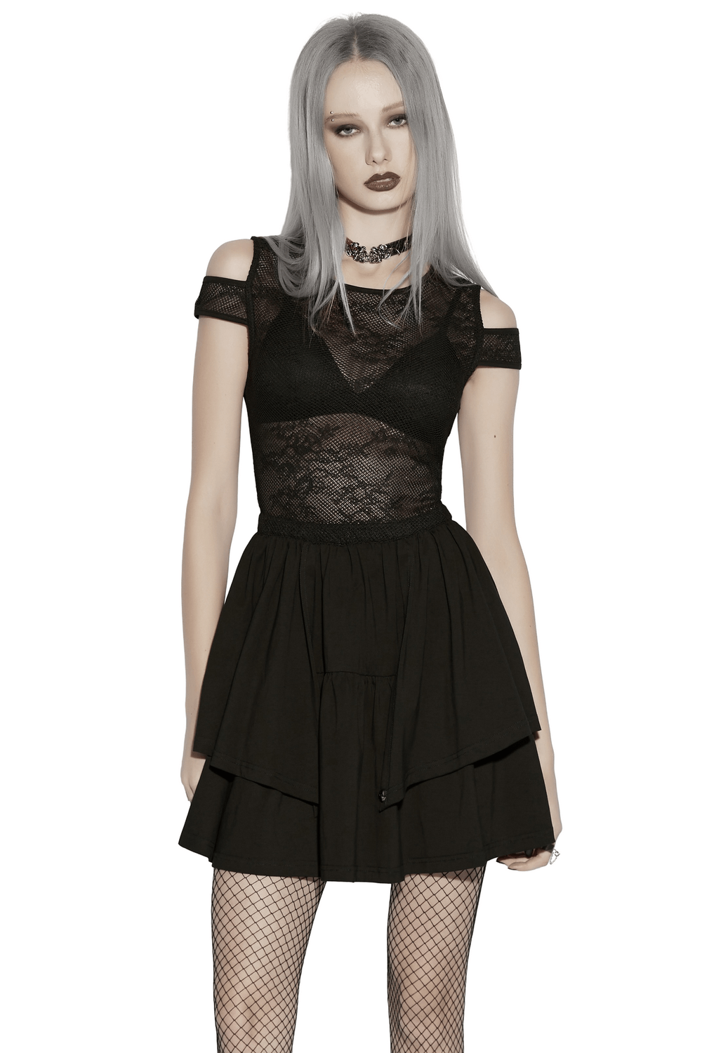 Lace Mini Dress with Mesh Cold Shoulders in Gothic Style - image 1