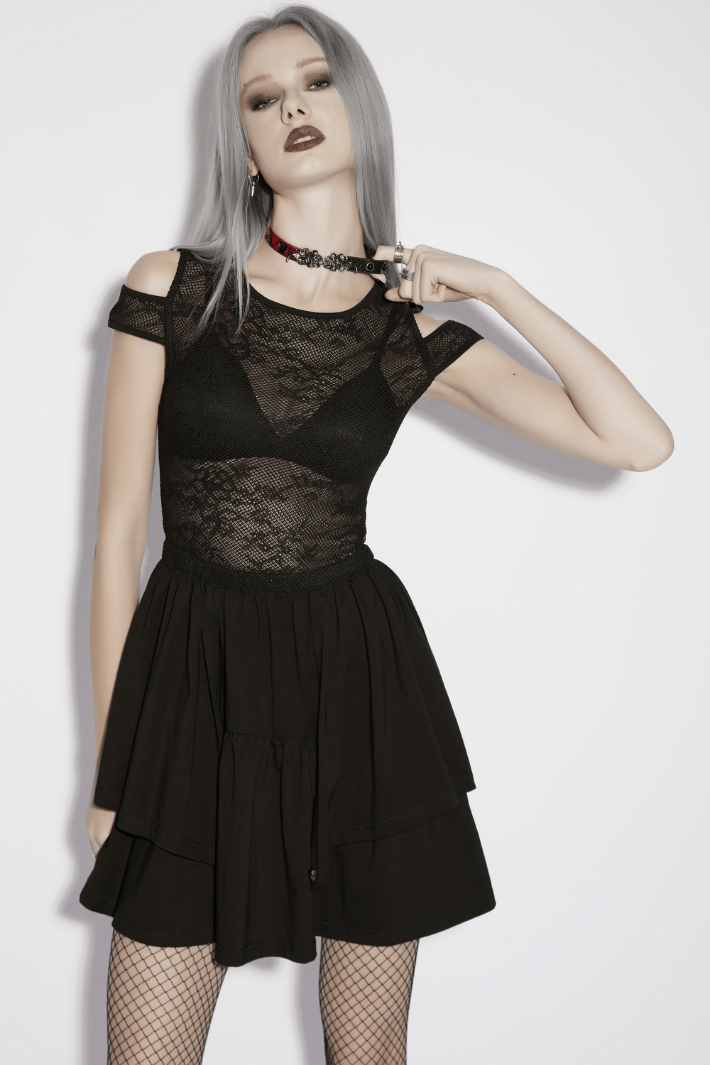Lace Mini Dress with Mesh Cold Shoulders in Gothic Style - image 11