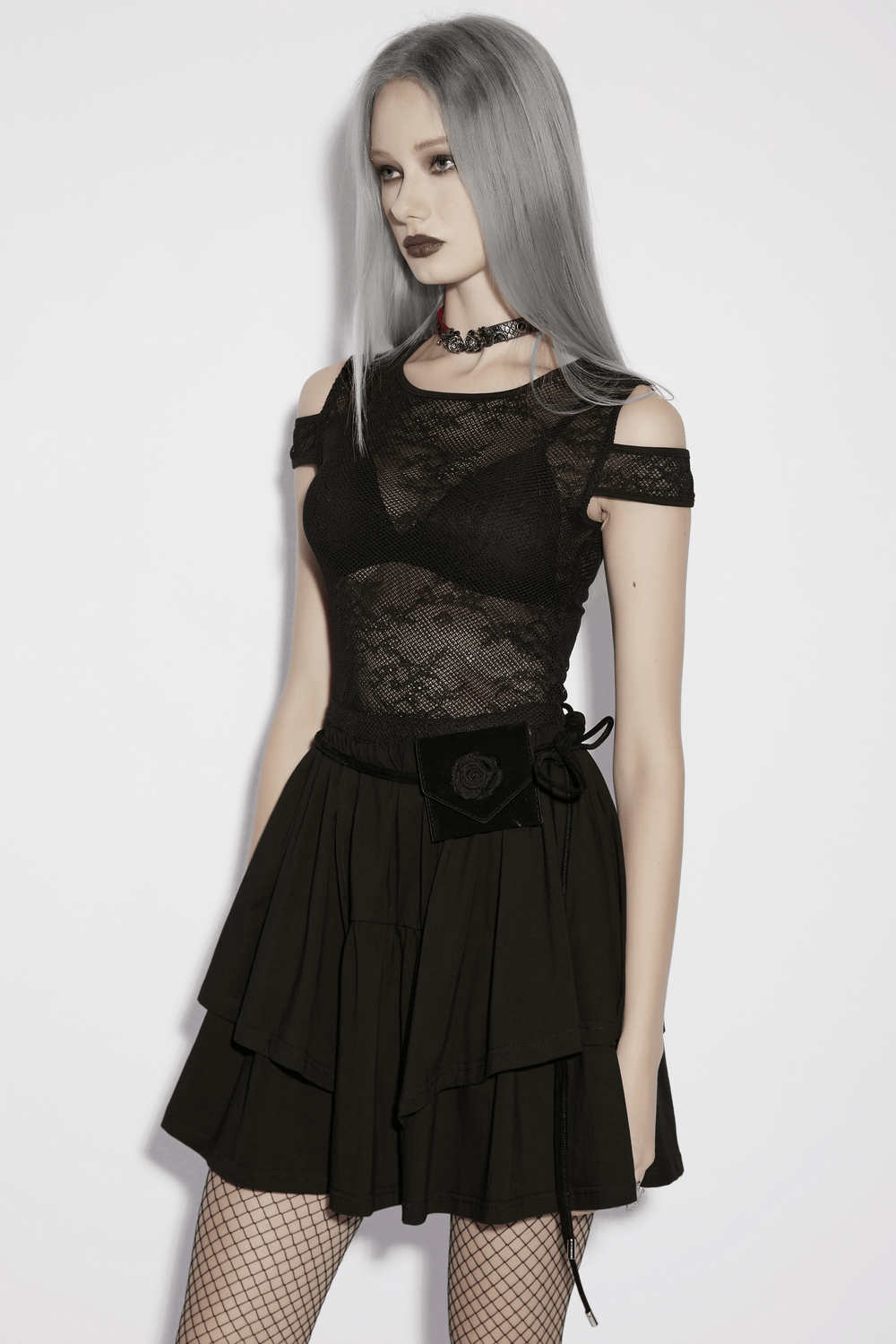 Lace Mini Dress with Mesh Cold Shoulders in Gothic Style - image 12