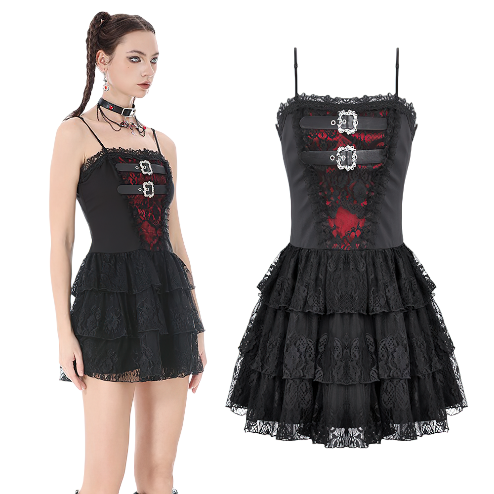Lace Ruffle Mini Dress with Corset Back and Buckles - image 3