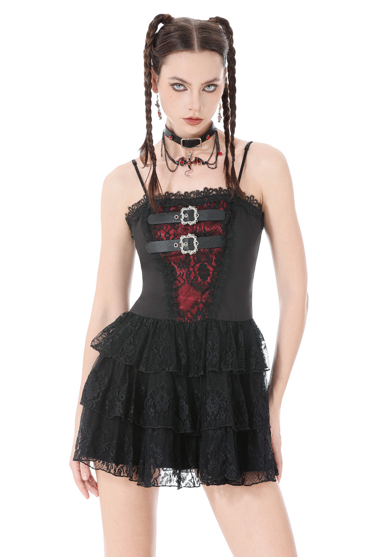 Lace Ruffle Mini Dress with Corset Back and Buckles - image 1