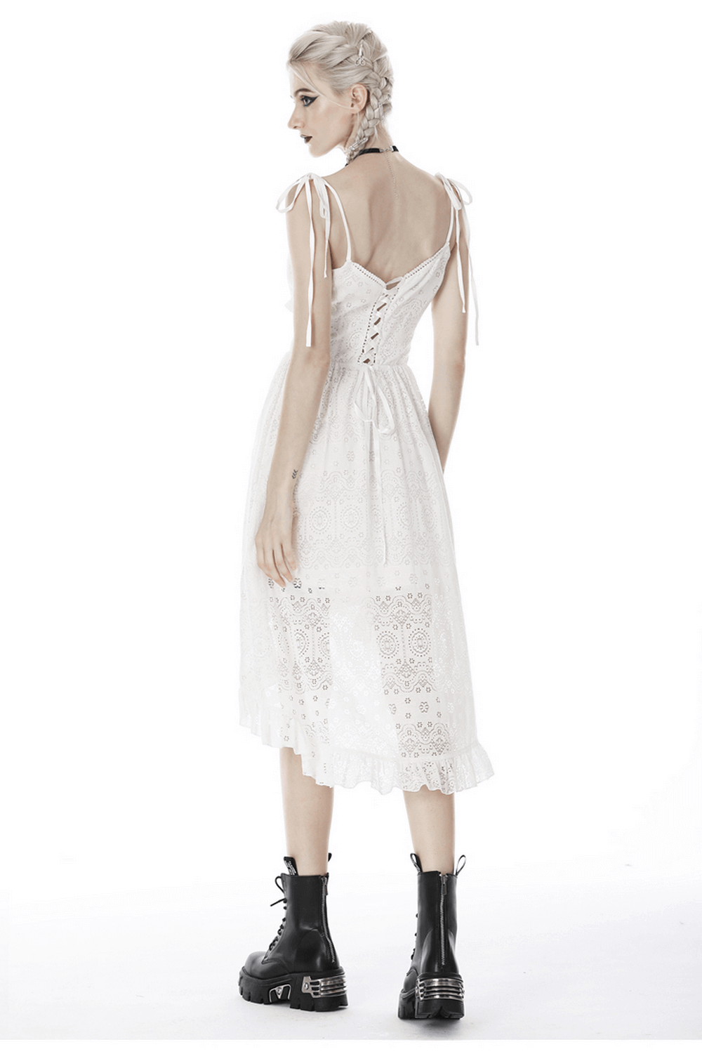 Ladies White Lace Midi Dress with Asymmetric Hem - image 2