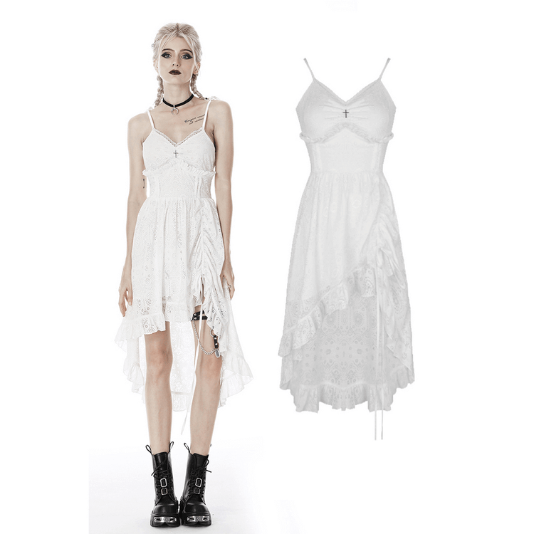 Ladies White Lace Midi Dress with Asymmetric Hem - image 3