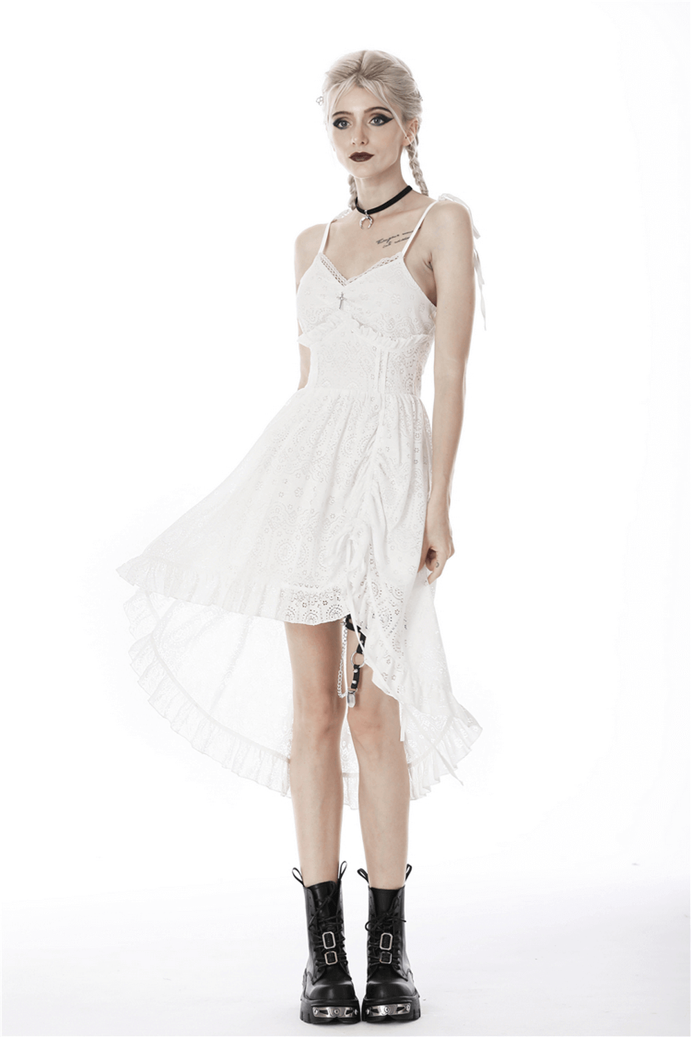 Ladies White Lace Midi Dress with Asymmetric Hem - image 12