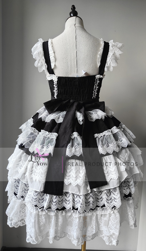 Black and white tiered lace Lolita dress real back view