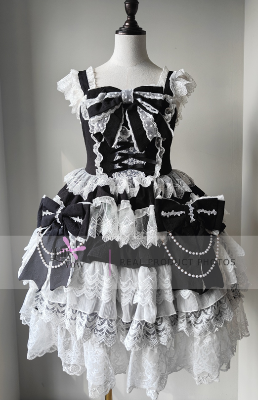 Black and white tiered lace Lolita dress real front view