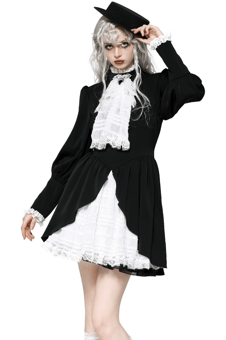 Lolita Black and White Lace Dress with Ruffled Skirt - image 1