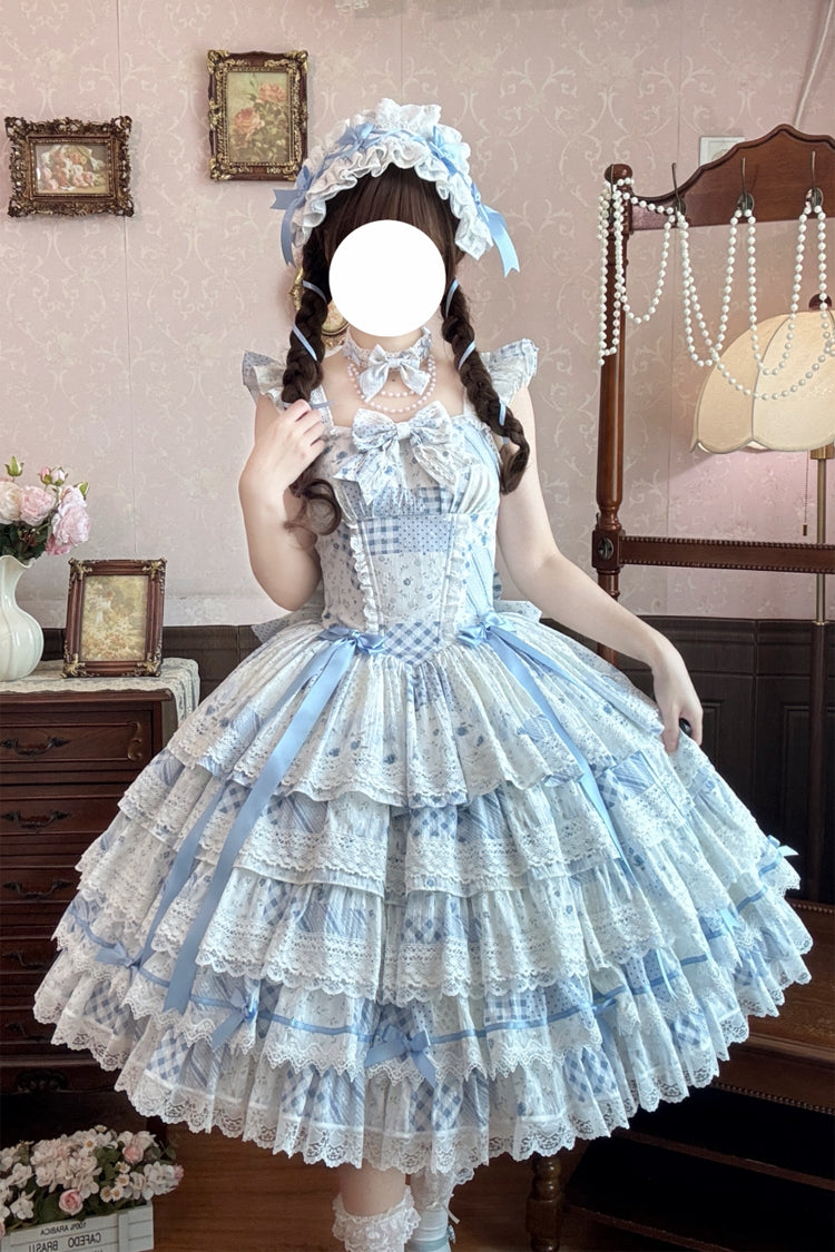 Blue [Flower’s Tale] Square Collar Flutter Sleeves Multi-Layered Printed Bow Lace Slim Fit Sweet Lolita Dress – image 1
