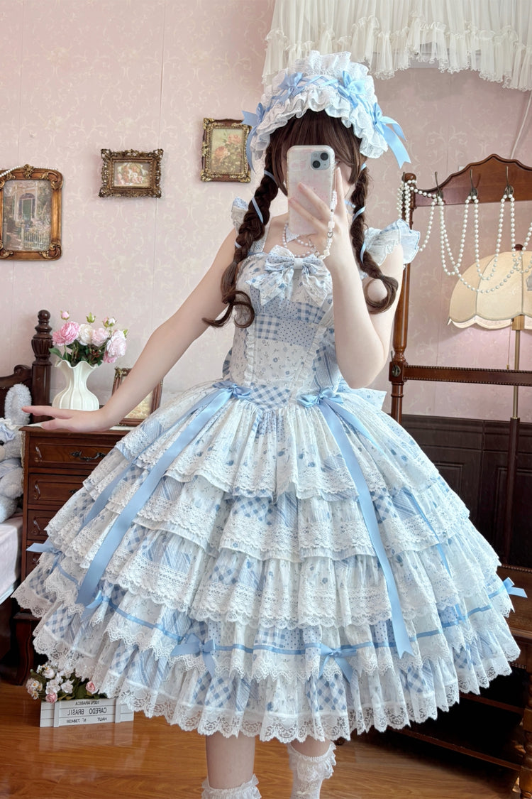 Blue [Flower’s Tale] Square Collar Flutter Sleeves Multi-Layered Printed Bow Lace Slim Fit Sweet Lolita Dress – image 2