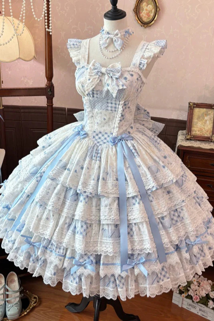 Blue [Flower’s Tale] Square Collar Flutter Sleeves Multi-Layered Printed Bow Lace Slim Fit Sweet Lolita Dress – image 3