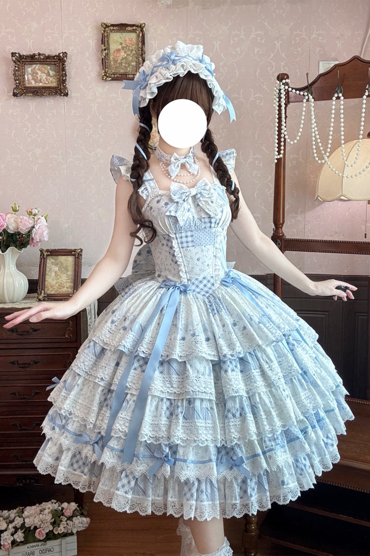 Blue [Flower’s Tale] Square Collar Flutter Sleeves Multi-Layered Printed Bow Lace Slim Fit Sweet Lolita Dress – image 4
