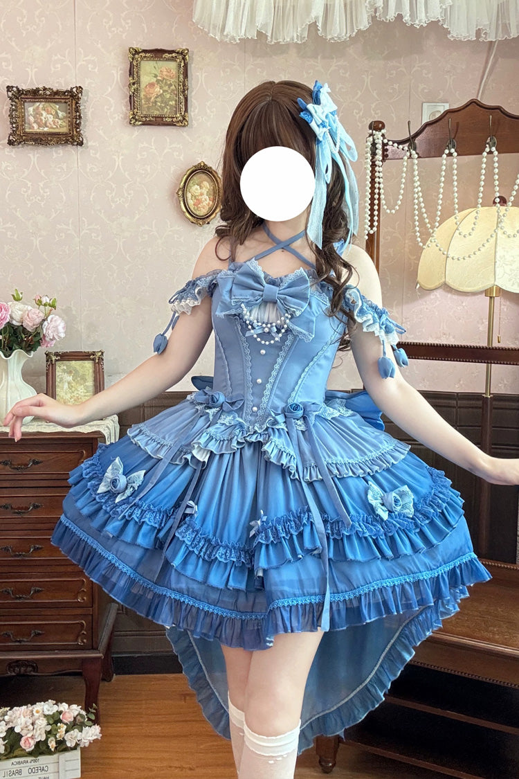 Blue [Peach Mist Melody] Square Collar Flutter Sleeves Ombre Multi-Layered Open-Front Bow Lace Pearl Detail Sweet Lolita Dress – image 1