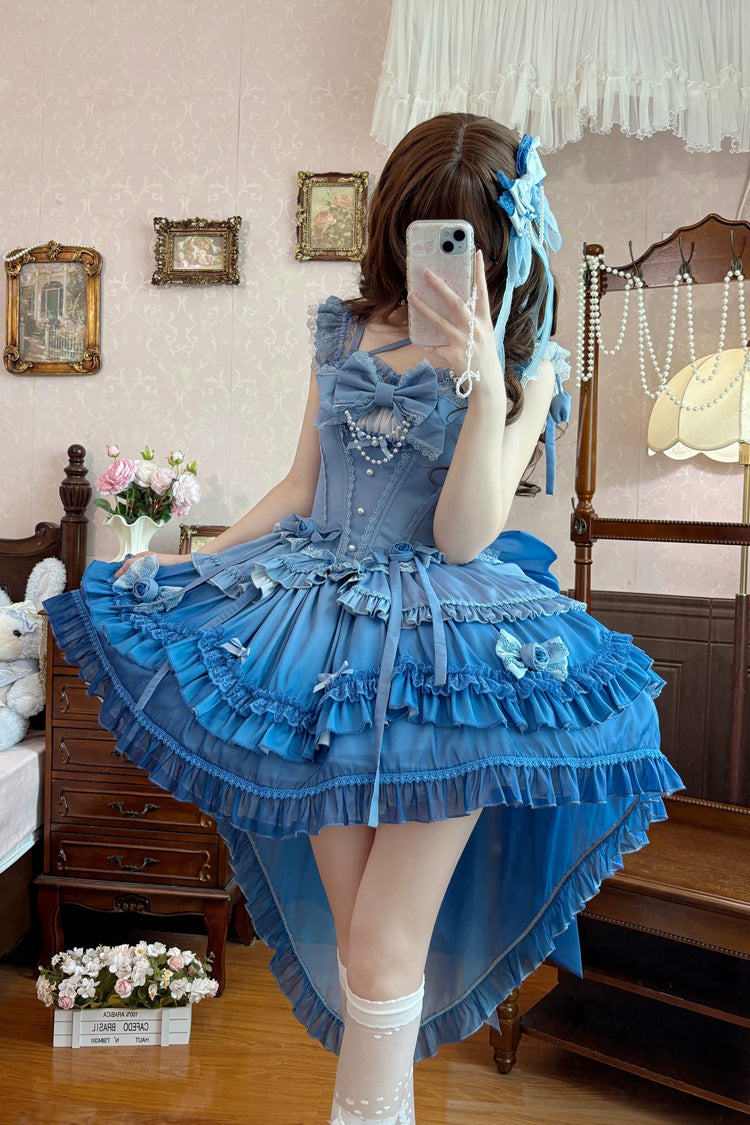 Blue [Peach Mist Melody] Square Collar Flutter Sleeves Ombre Multi-Layered Open-Front Bow Lace Pearl Detail Sweet Lolita Dress – image 2