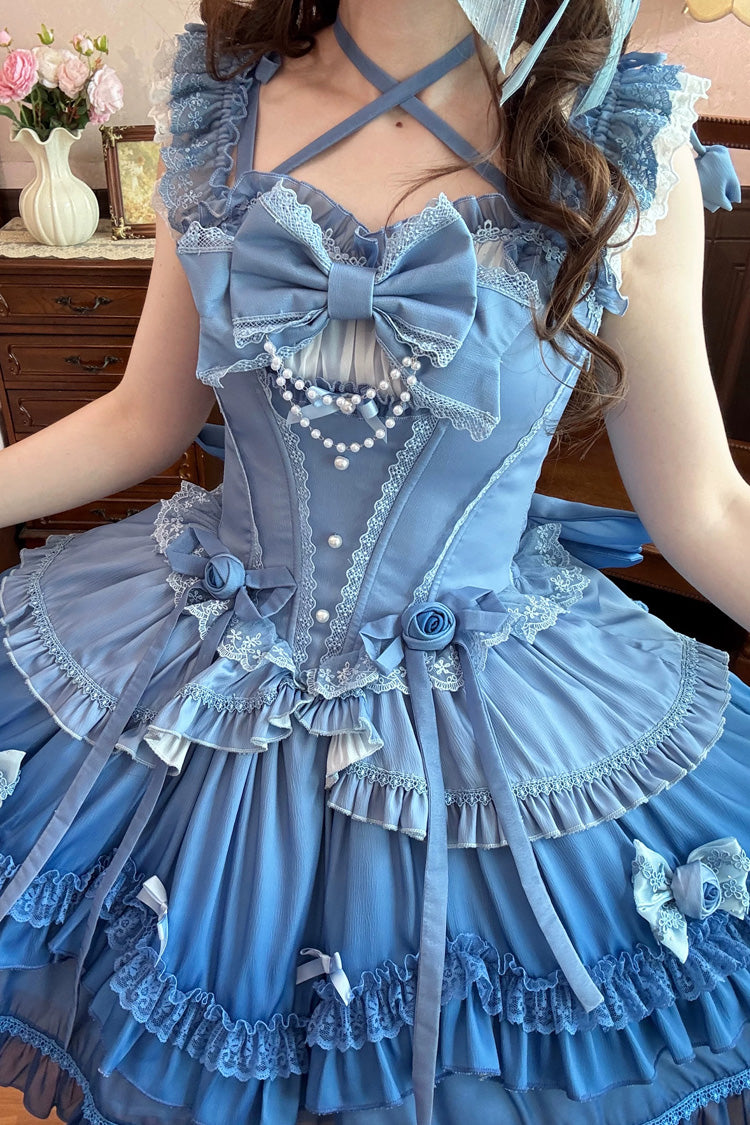 Blue [Peach Mist Melody] Square Collar Flutter Sleeves Ombre Multi-Layered Open-Front Bow Lace Pearl Detail Sweet Lolita Dress – image 3