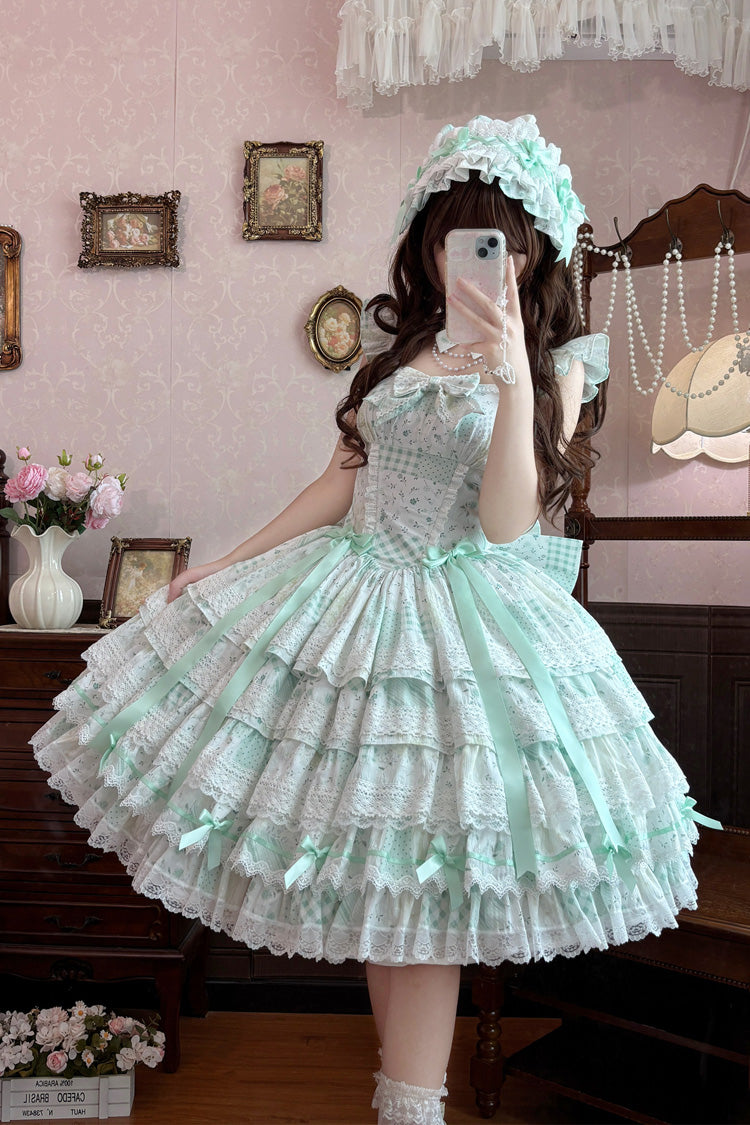 Green [Flower’s Tale] Square Collar Flutter Sleeves Multi-Layered Printed Bow Lace Slim Fit Sweet Lolita Dress – image 1