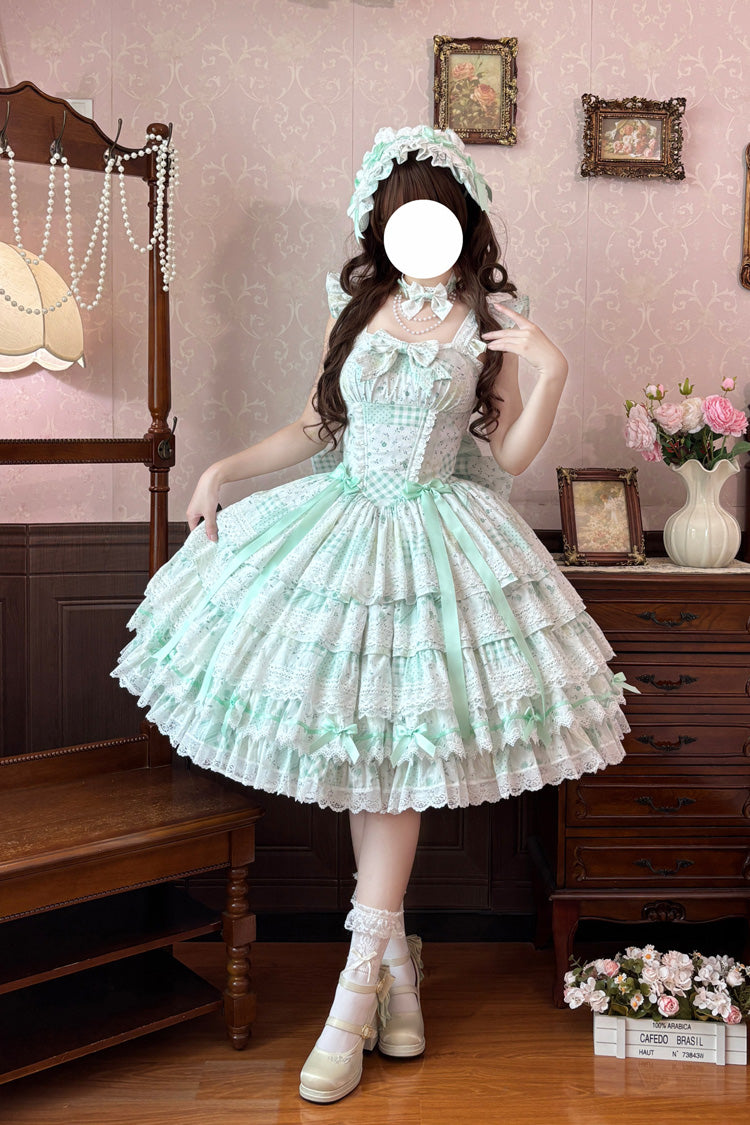 Green [Flower’s Tale] Square Collar Flutter Sleeves Multi-Layered Printed Bow Lace Slim Fit Sweet Lolita Dress – image 2