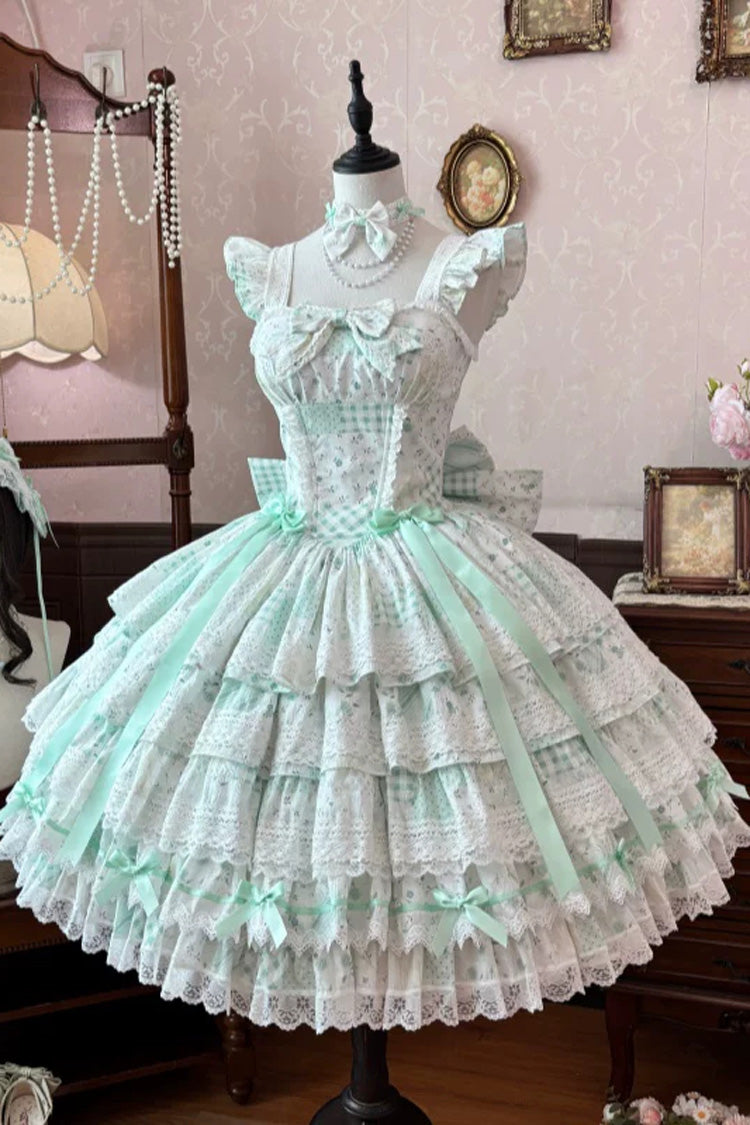 Green [Flower’s Tale] Square Collar Flutter Sleeves Multi-Layered Printed Bow Lace Slim Fit Sweet Lolita Dress – image 3