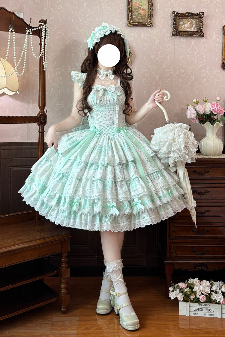 Green [Flower’s Tale] Square Collar Flutter Sleeves Multi-Layered Printed Bow Lace Slim Fit Sweet Lolita Dress – image 4