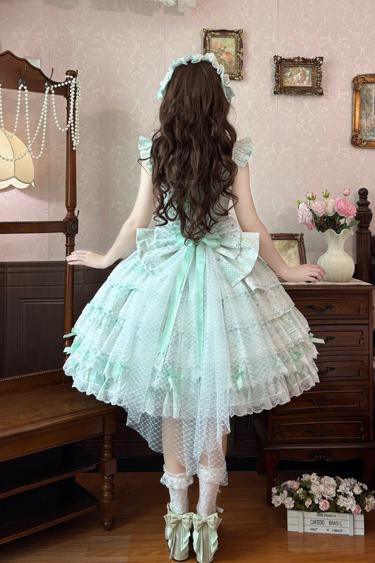 Green [Flower’s Tale] Square Collar Flutter Sleeves Multi-Layered Printed Bow Lace Slim Fit Sweet Lolita Dress – image 5