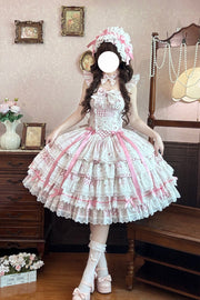 Pink [Flower’s Tale] Square Collar Flutter Sleeves Multi-Layered Printed Bow Lace Slim Fit Sweet Lolita Dress – image 1