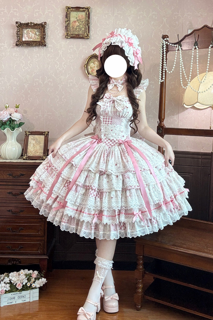 Pink [Flower’s Tale] Square Collar Flutter Sleeves Multi-Layered Printed Bow Lace Slim Fit Sweet Lolita Dress – image 1