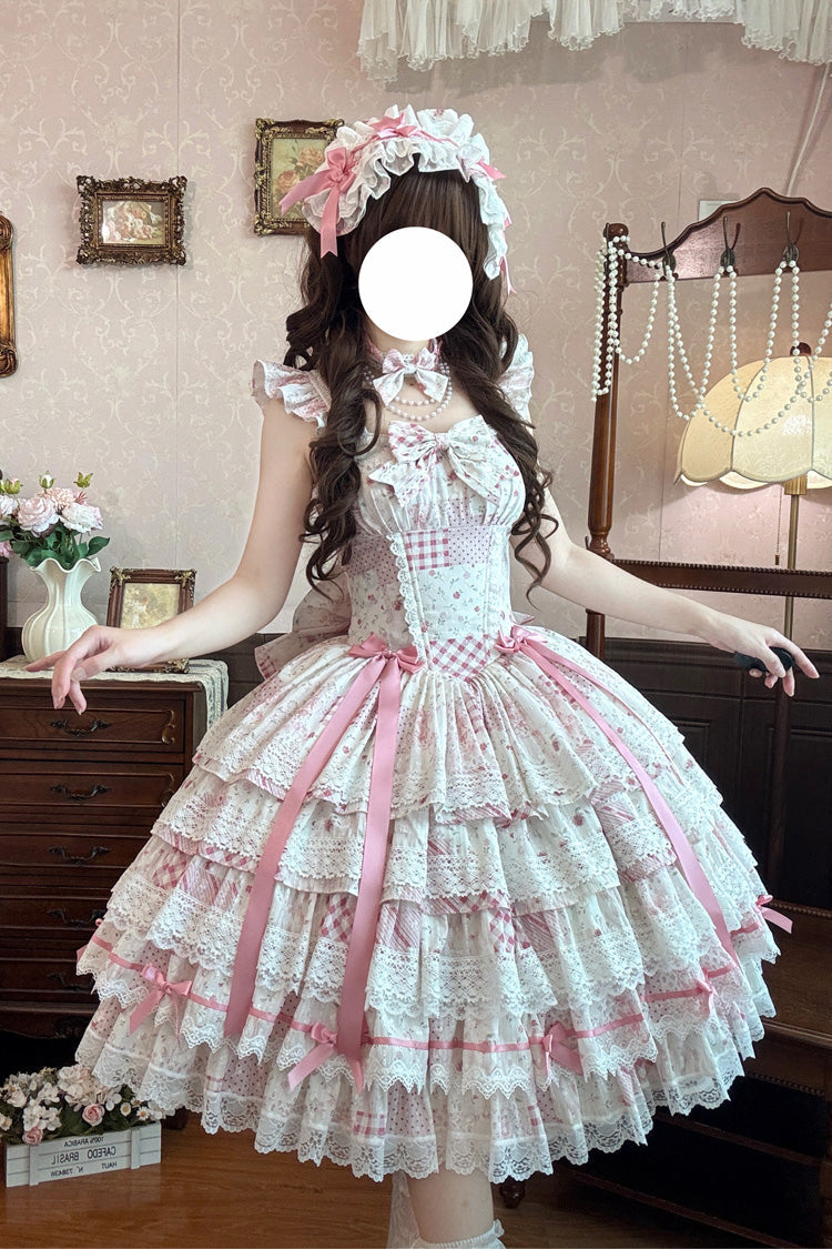 Pink [Flower’s Tale] Square Collar Flutter Sleeves Multi-Layered Printed Bow Lace Slim Fit Sweet Lolita Dress – image 2