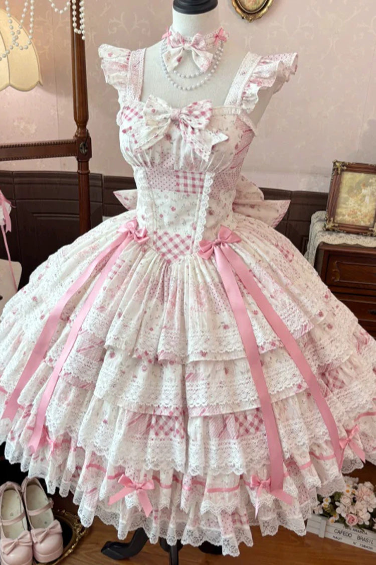 Pink [Flower’s Tale] Square Collar Flutter Sleeves Multi-Layered Printed Bow Lace Slim Fit Sweet Lolita Dress – image 3