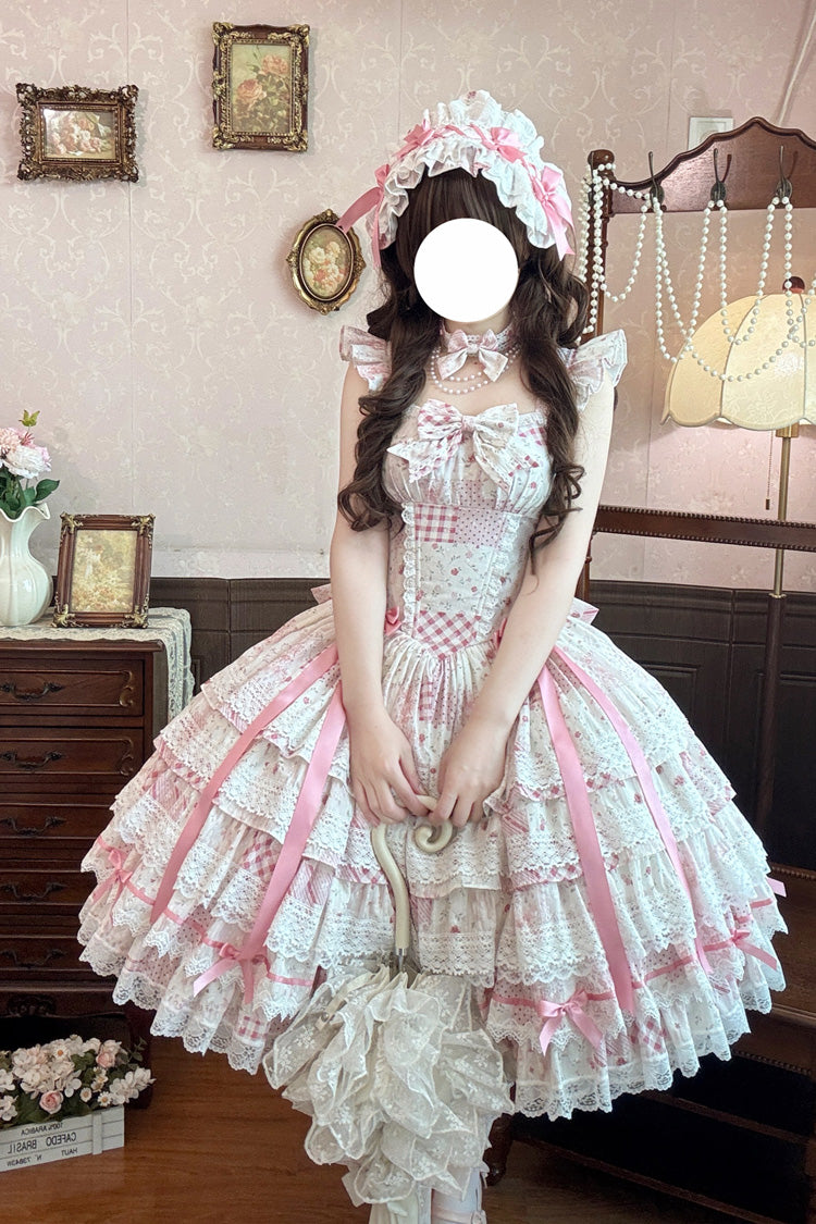 Pink [Flower’s Tale] Square Collar Flutter Sleeves Multi-Layered Printed Bow Lace Slim Fit Sweet Lolita Dress – image 4