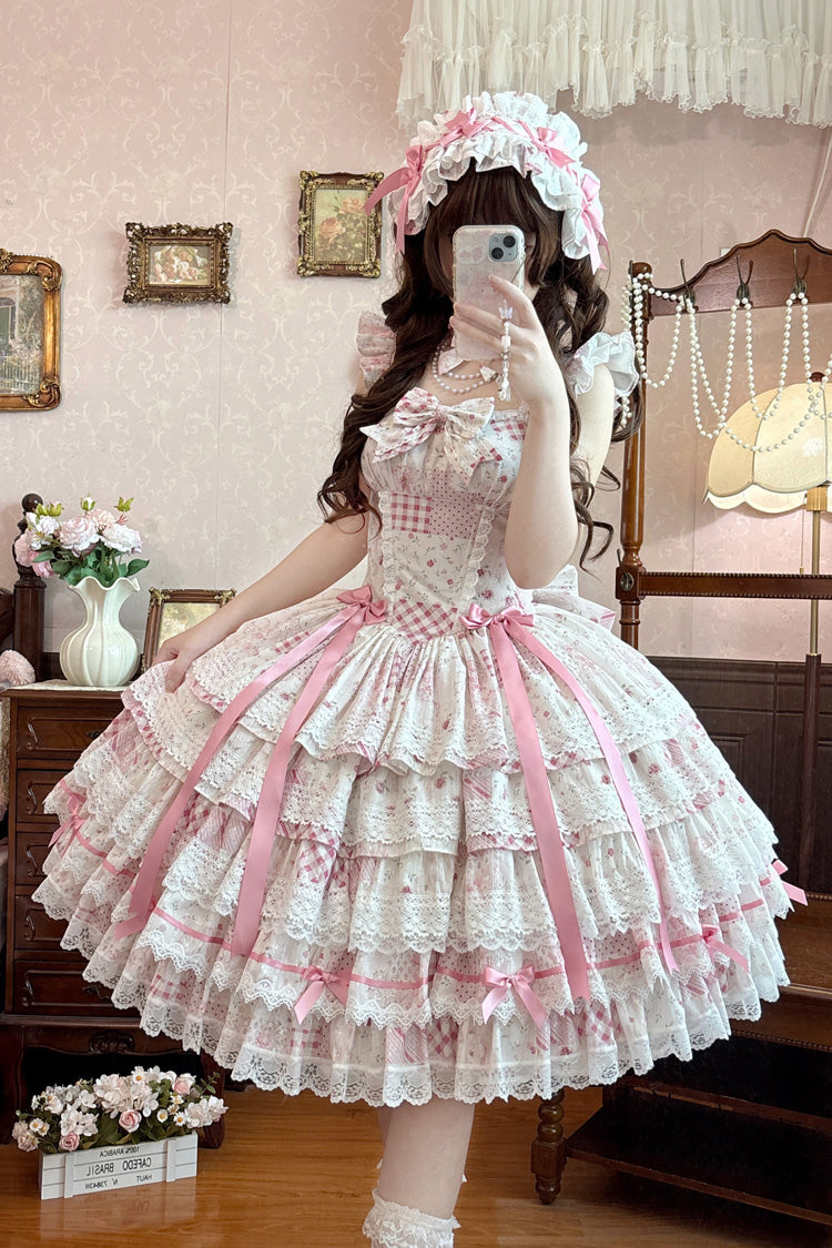 Pink [Flower’s Tale] Square Collar Flutter Sleeves Multi-Layered Printed Bow Lace Slim Fit Sweet Lolita Dress – image 5