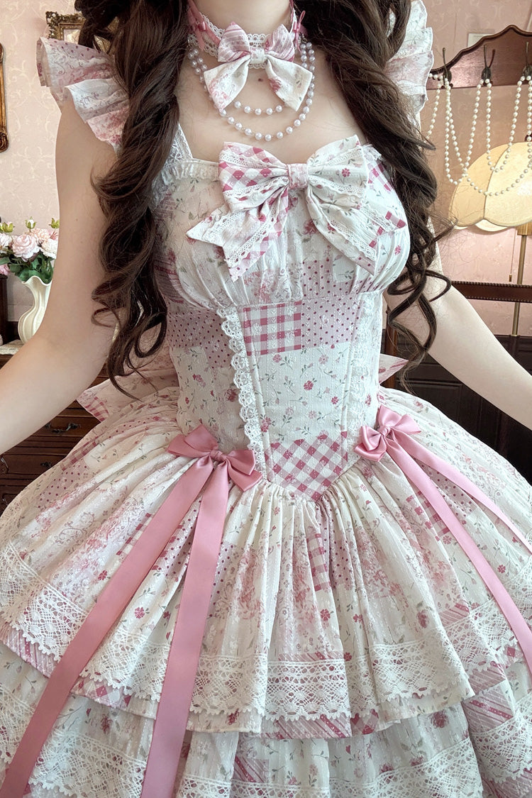 Pink [Flower’s Tale] Square Collar Flutter Sleeves Multi-Layered Printed Bow Lace Slim Fit Sweet Lolita Dress – image 6