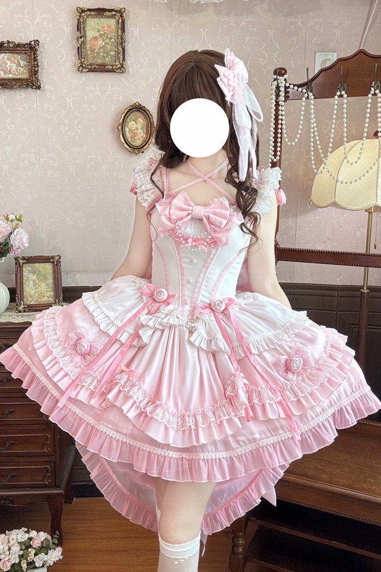 Pink [Peach Mist Melody] Square Collar Flutter Sleeves Ombre Multi-Layered Open-Front Bow Lace Pearl Detail Sweet Lolita Dress – image 1