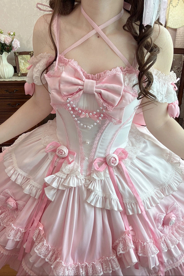 Pink [Peach Mist Melody] Square Collar Flutter Sleeves Ombre Multi-Layered Open-Front Bow Lace Pearl Detail Sweet Lolita Dress – image 3