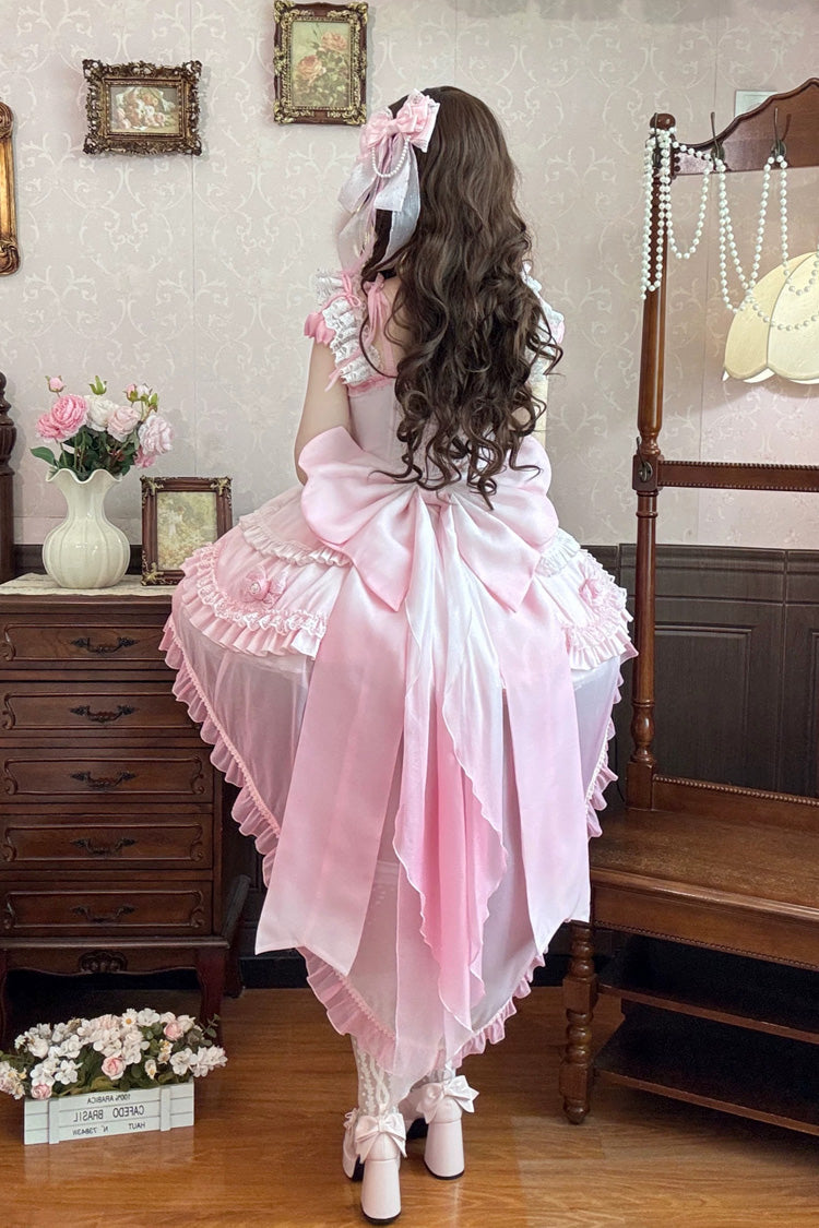 Pink [Peach Mist Melody] Square Collar Flutter Sleeves Ombre Multi-Layered Open-Front Bow Lace Pearl Detail Sweet Lolita Dress – image 5