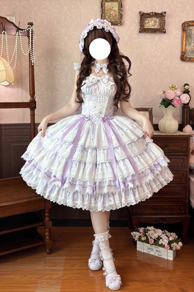 Purple [Flower’s Tale] Square Collar Flutter Sleeves Multi-Layered Printed Bow Lace Slim Fit Sweet Lolita Dress – image 1