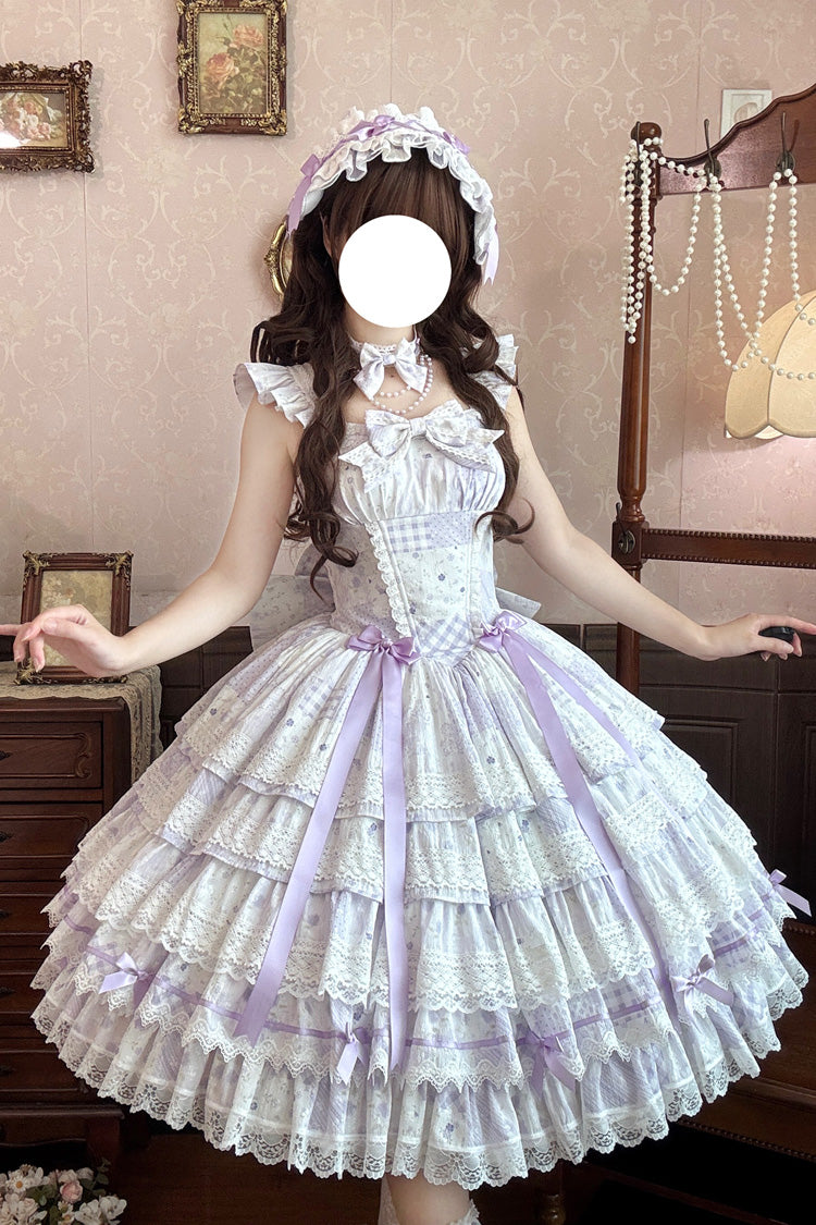 Purple [Flower’s Tale] Square Collar Flutter Sleeves Multi-Layered Printed Bow Lace Slim Fit Sweet Lolita Dress – image 2