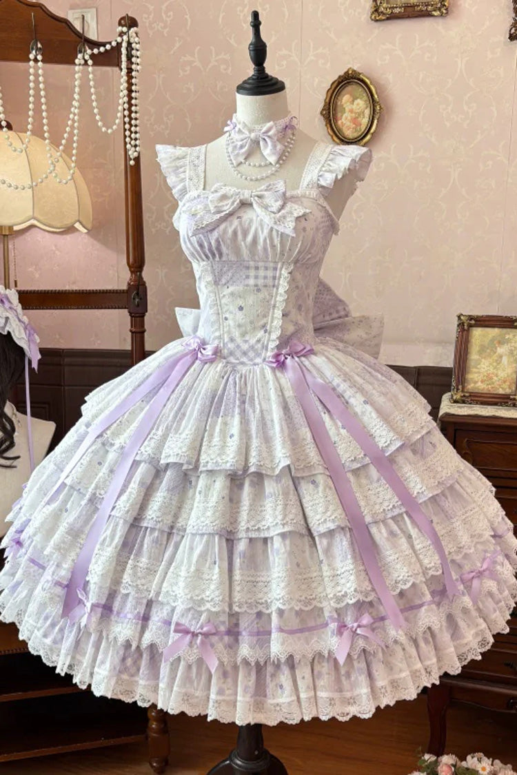 Purple [Flower’s Tale] Square Collar Flutter Sleeves Multi-Layered Printed Bow Lace Slim Fit Sweet Lolita Dress – image 3