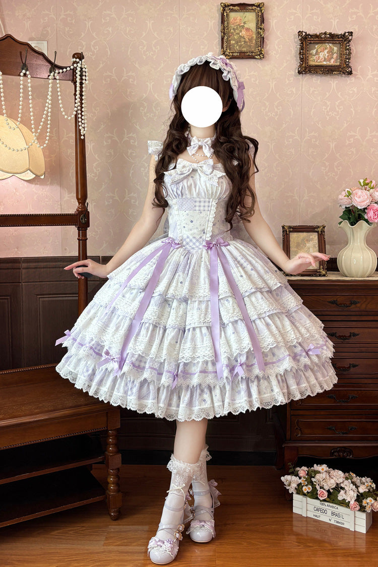 Purple [Flower’s Tale] Square Collar Flutter Sleeves Multi-Layered Printed Bow Lace Slim Fit Sweet Lolita Dress – image 4