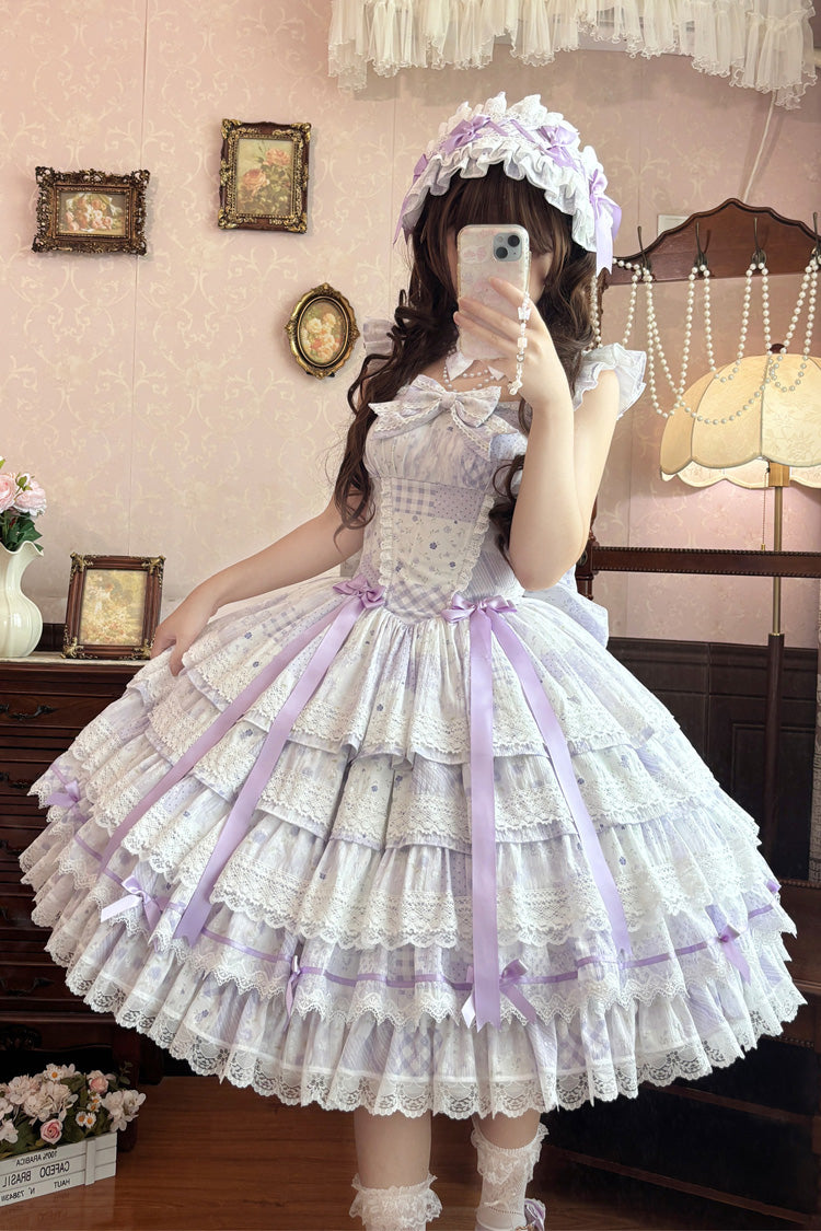 Purple [Flower’s Tale] Square Collar Flutter Sleeves Multi-Layered Printed Bow Lace Slim Fit Sweet Lolita Dress – image 5