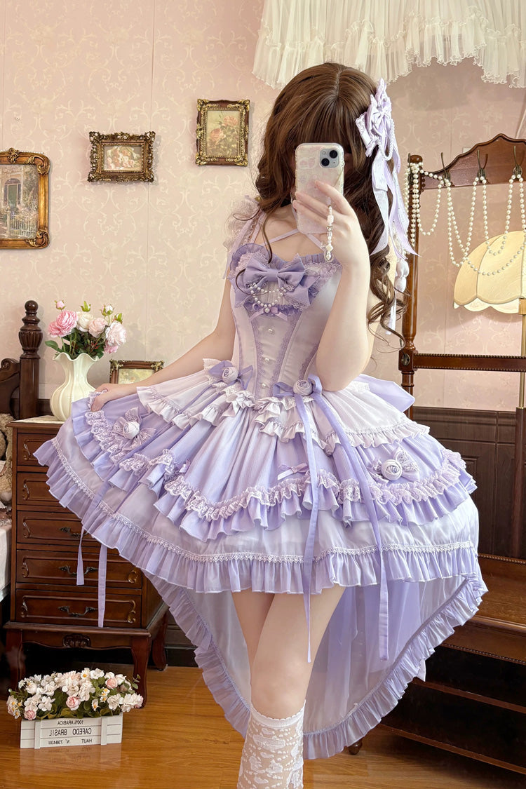 Purple [Peach Mist Melody] Square Collar Flutter Sleeves Ombre Multi-Layered Open-Front Bow Lace Pearl Detail Sweet Lolita Dress – image 1