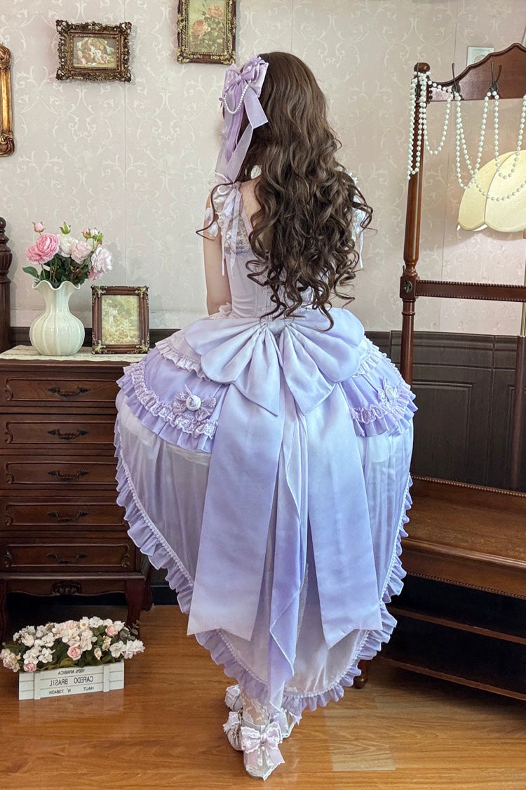 Purple [Peach Mist Melody] Square Collar Flutter Sleeves Ombre Multi-Layered Open-Front Bow Lace Pearl Detail Sweet Lolita Dress – image 2
