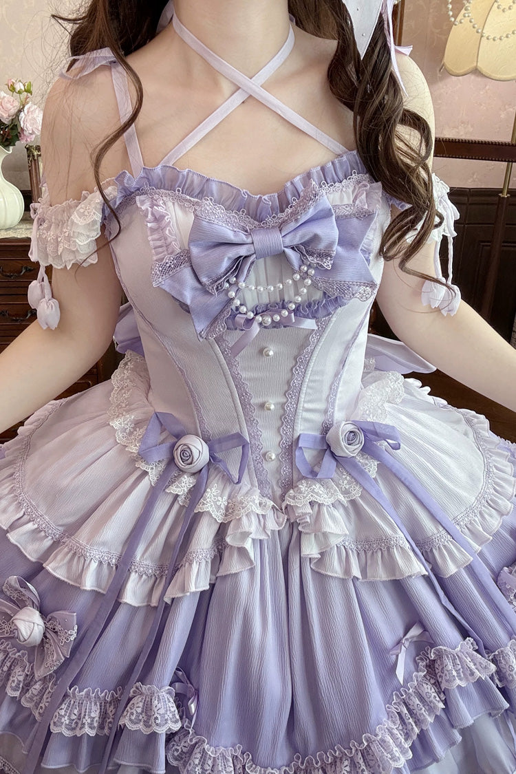 Purple [Peach Mist Melody] Square Collar Flutter Sleeves Ombre Multi-Layered Open-Front Bow Lace Pearl Detail Sweet Lolita Dress – image 3