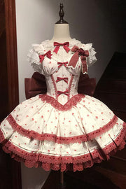 Wine Red [First Love Rose] Multi-Layered Print Ruffle Bow Lace Sweet Lolita JSK Dress Set – image 1