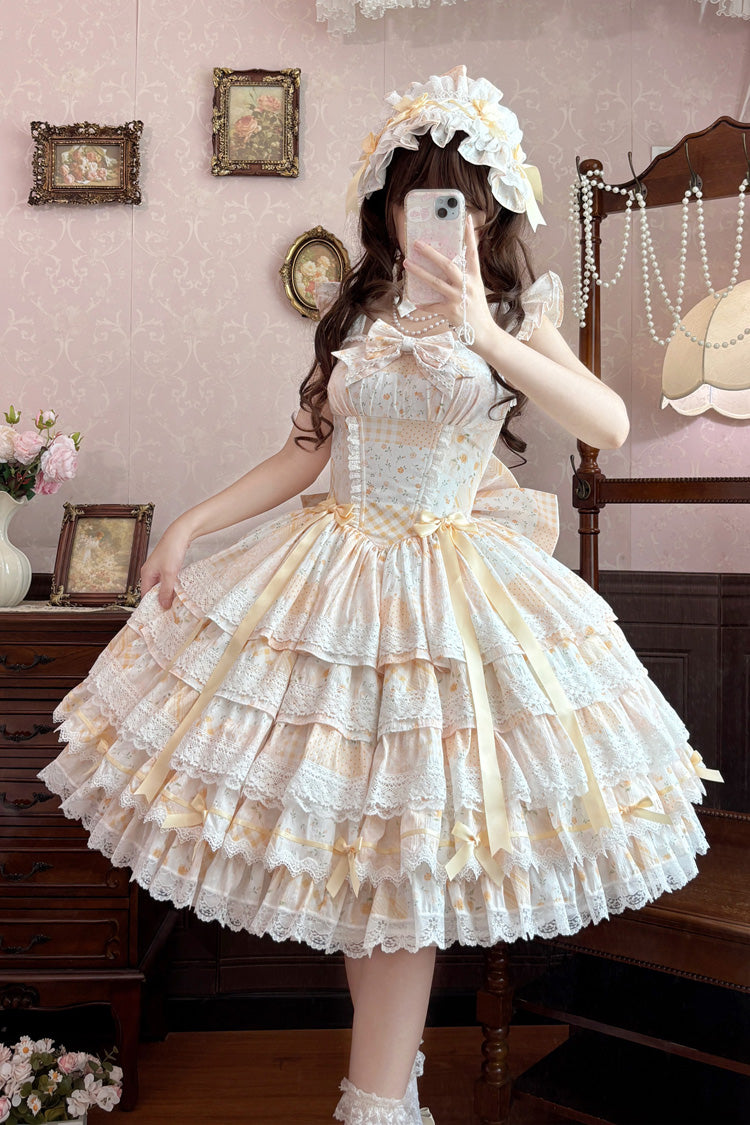 Yellow [Flower’s Tale] Square Collar Flutter Sleeves Multi-Layered Printed Bow Lace Slim Fit Sweet Lolita Dress – image 1
