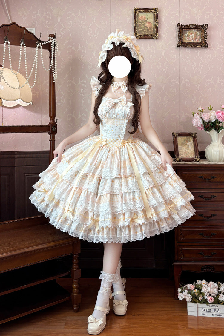 Yellow [Flower’s Tale] Square Collar Flutter Sleeves Multi-Layered Printed Bow Lace Slim Fit Sweet Lolita Dress – image 2