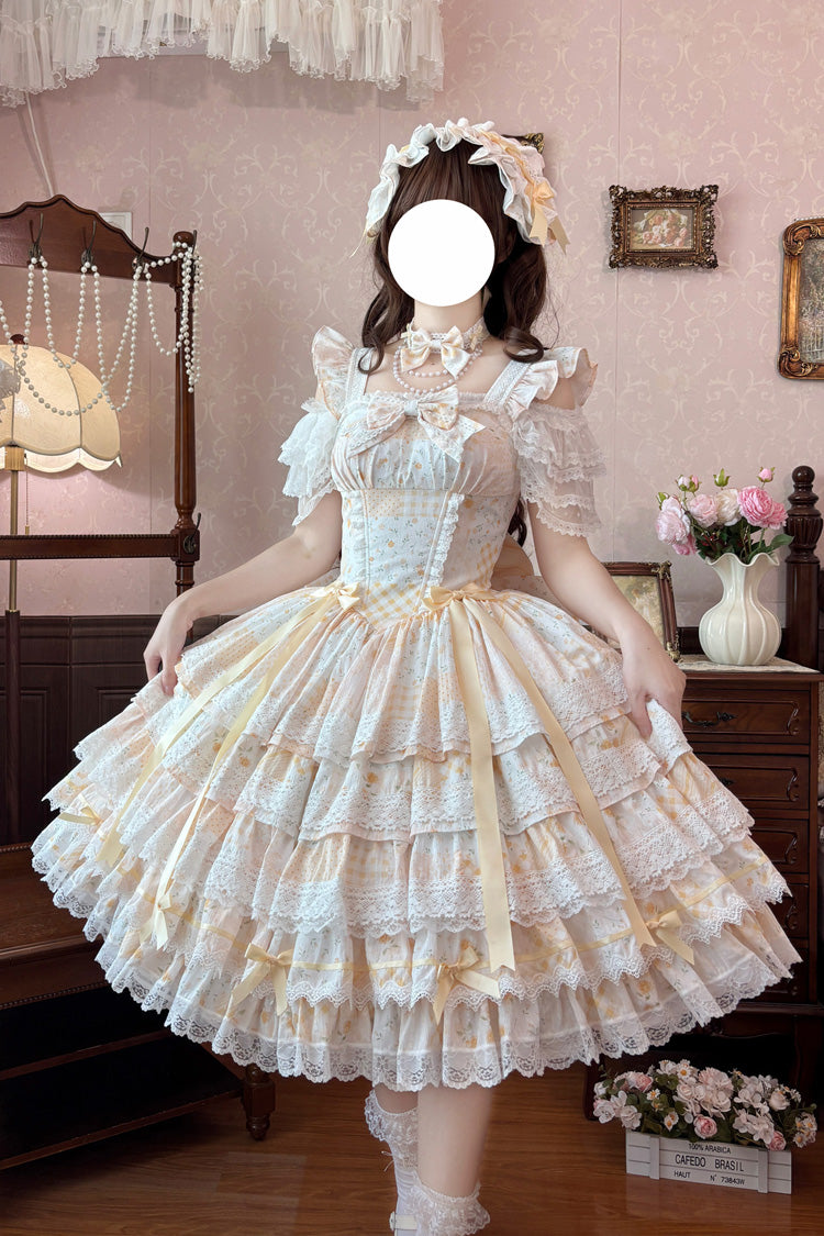 Yellow [Flower’s Tale] Square Collar Flutter Sleeves Multi-Layered Printed Bow Lace Slim Fit Sweet Lolita Dress – image 3